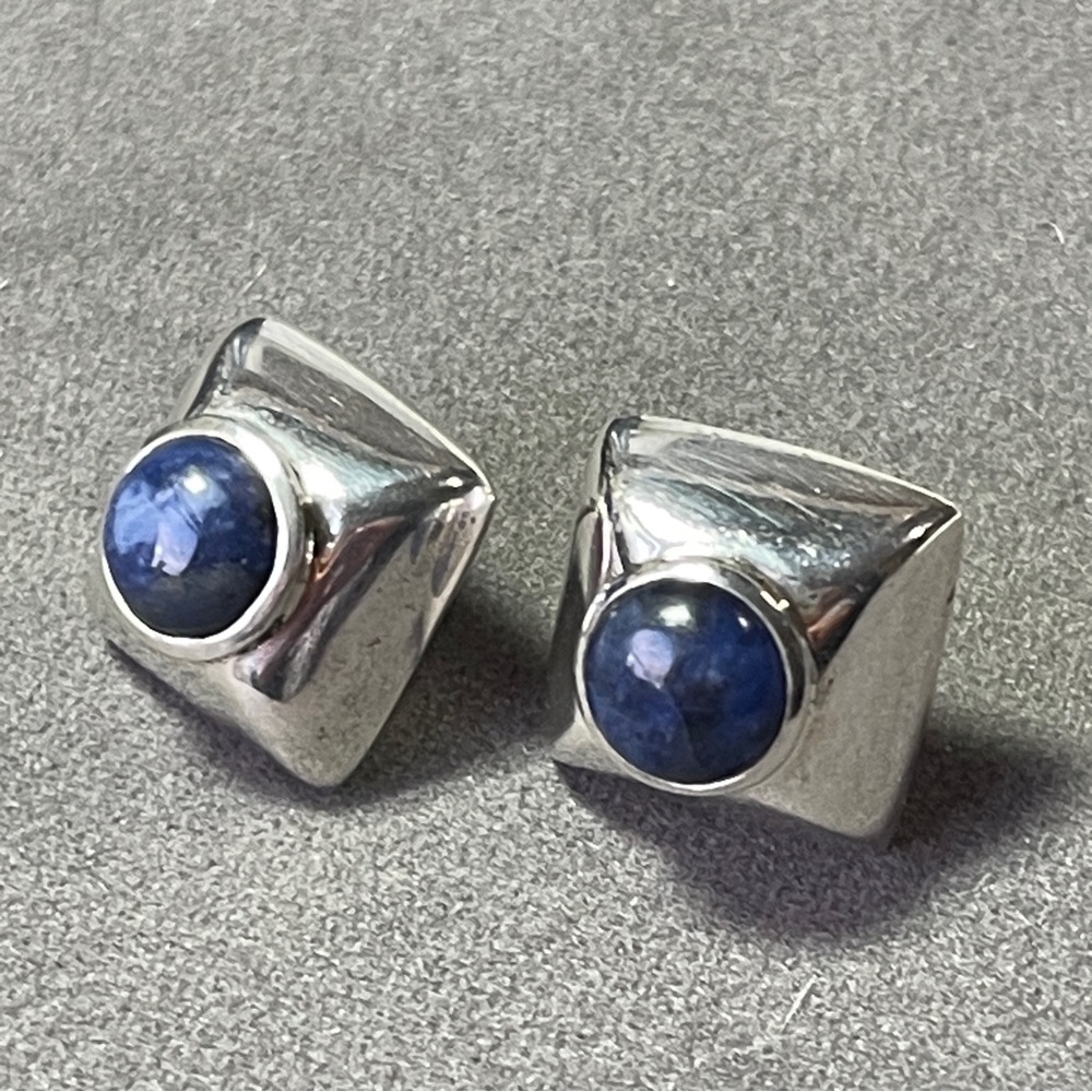 Solid Sterling Silver Square With Round Blue Soda… - image 1
